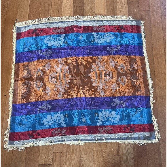 Vintage Chinese Silk Embroidered Tapestry 36" Square Pagoda Dragon Lion Dance - Picture 9 of 11